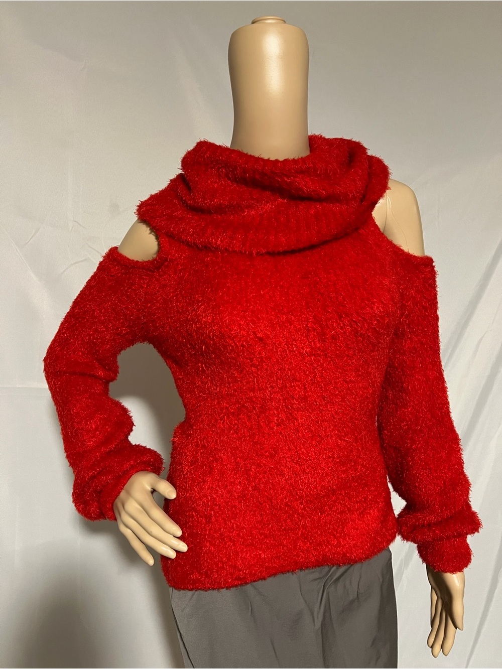bebe Red Cold-Shoulder Fuzzy Cowl Neck Sweater